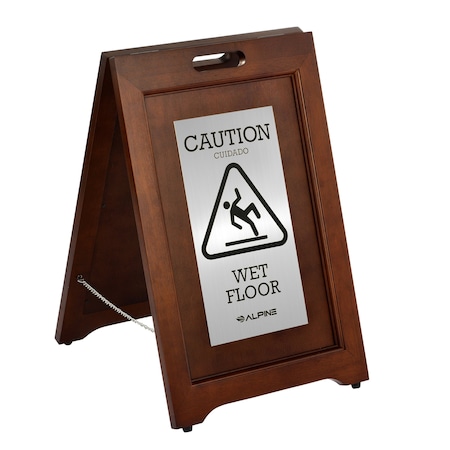 Alpine Industries Double-Sided Stainless Steel Plated Wooden Bilingual Caution Wet Floor Sign ALP499-SSB-MK